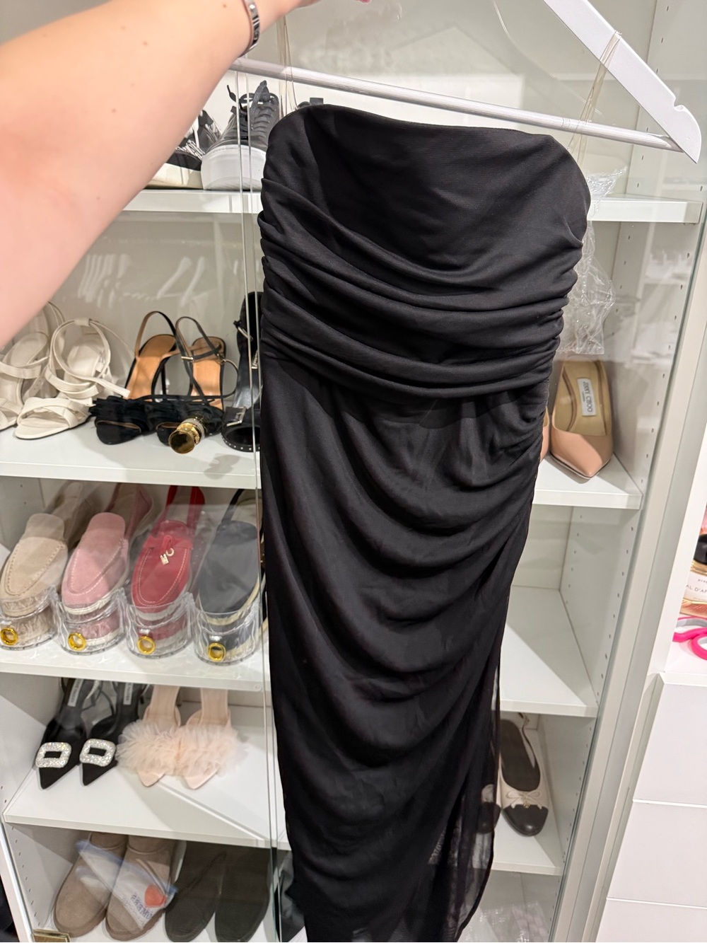 Emerald Sundae Strapless Black Ruched Midi Dress